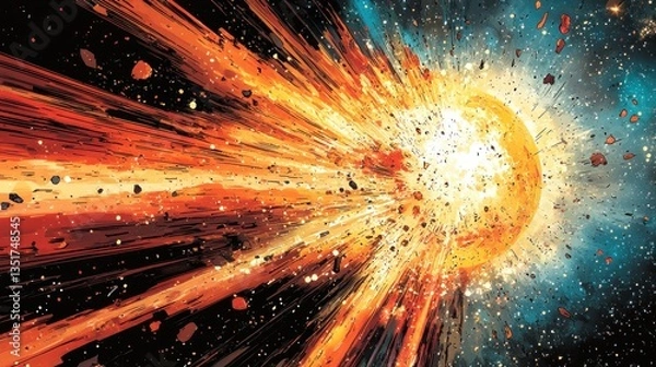 Fototapeta Cosmic explosion in space with debris