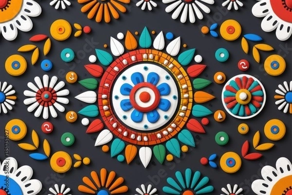 Fototapeta Colorful floral patterns arranged on a dark neutral background design