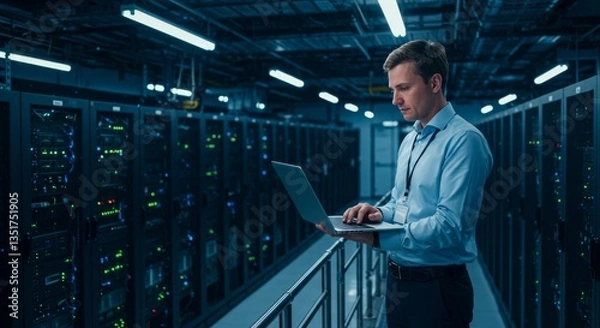 Obraz Man works on a laptop in a modern data center environment