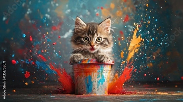 Fototapeta Playful kitten in paint explosion, studio shot