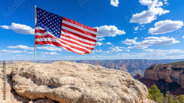 Obraz American Flag Waving Over Grand Canyon