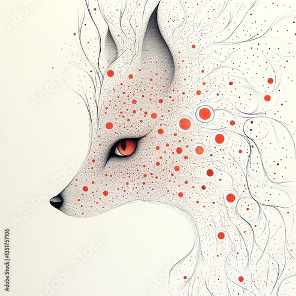 Obraz Side profile of fox illustration with red circles and flowing lines
