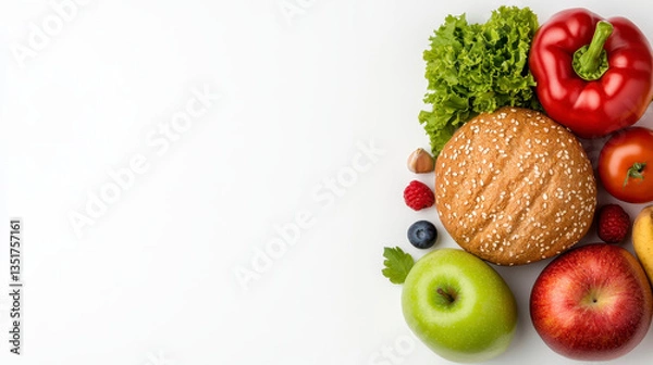 Obraz Assortment Of Fresh Fruits And Vegetables With Whole Wheat Bun On White Background