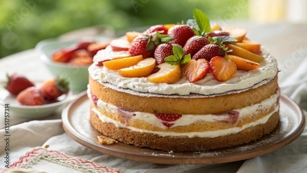 Fototapeta Delicious Layered Sponge Cake with White Frosting, Fresh Strawberries, Peach Slices, and Mint Leaves - Perfect Dessert for Special Occasions