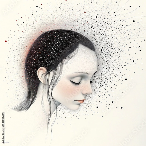 Obraz Minimalist profile of a serene girl with dot matrix and cosmic vibe