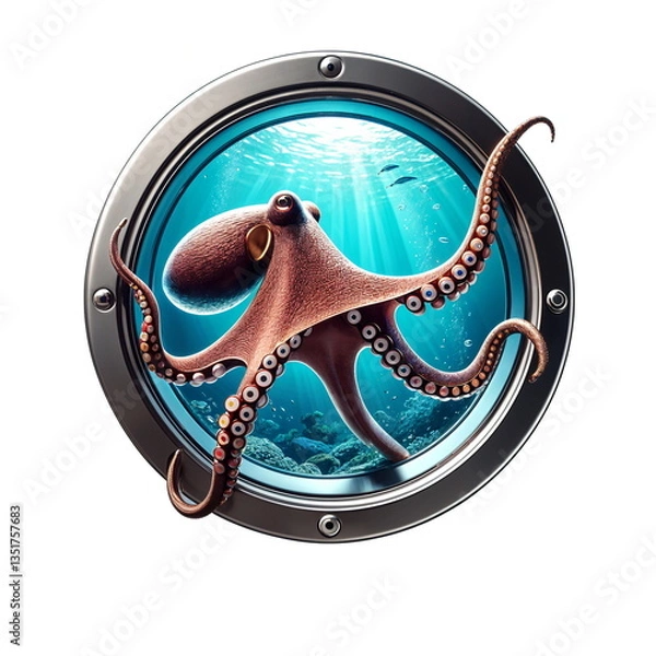 Obraz Octopus visible through a submarine porthole in clear blue ocean