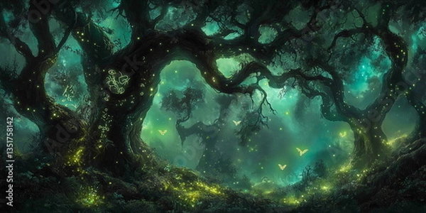 Obraz Mystical glowing forest with ancient trees and magical symbols