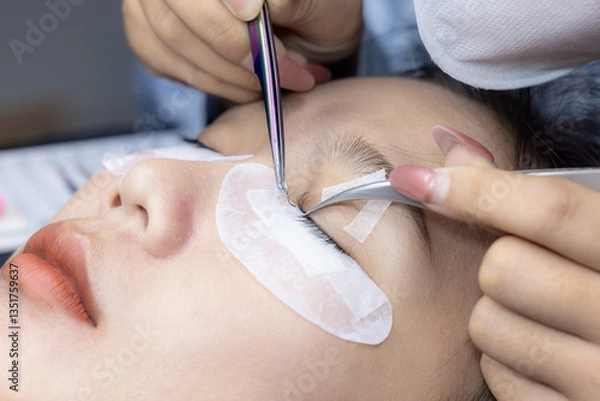 Fototapeta Asian woman eyelash extensions in the salon, Eyelash extension procedure, The master grows long eyelashes, Asian woman with extended eyelashes..