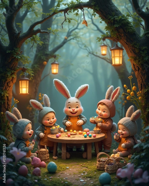 Fototapeta Adorable bunnies decorate Easter eggs in a magical forest, surrounded by lanterns and cozy woodland charm.