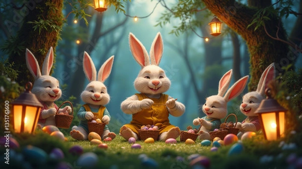 Fototapeta Adorable bunnies decorate Easter eggs in a magical forest, surrounded by lanterns and cozy woodland charm.