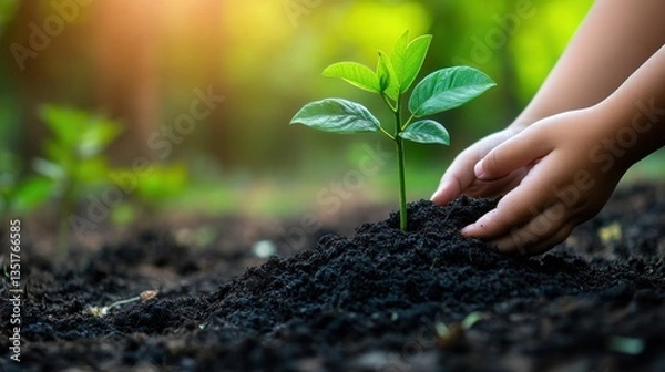 Fototapeta Child planting seedling in garden; nature background