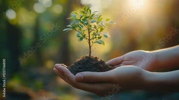 Fototapeta Sunlight on a young tree in hands, forest background.  Possible use Environmental conservation