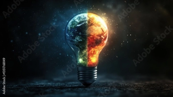 Fototapeta Earth as a lightbulb, divided by fire and ice, on a dark surface, symbolizing energy crisis