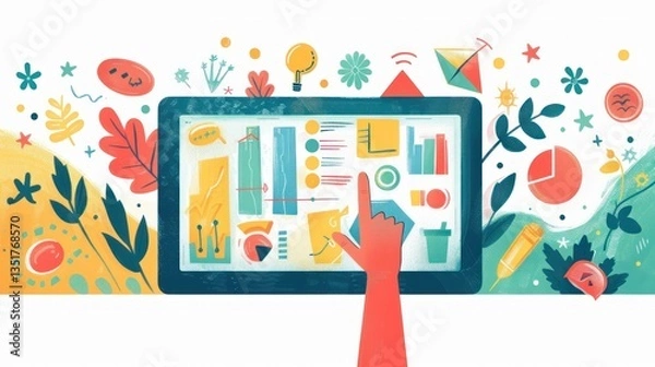 Fototapeta Hand interacting with tablet displaying colorful data visualizations; creative graphic elements in background