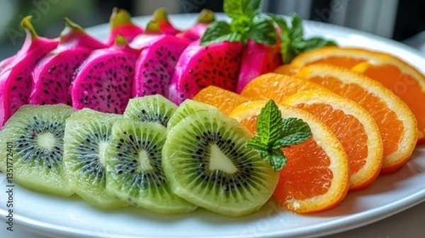Fototapeta Colorful sliced dragon fruit, kiwi, and orange fruit platter on a white plate indoors