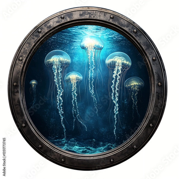 Obraz Group of jellyfish glowing underwater, seen through porthole