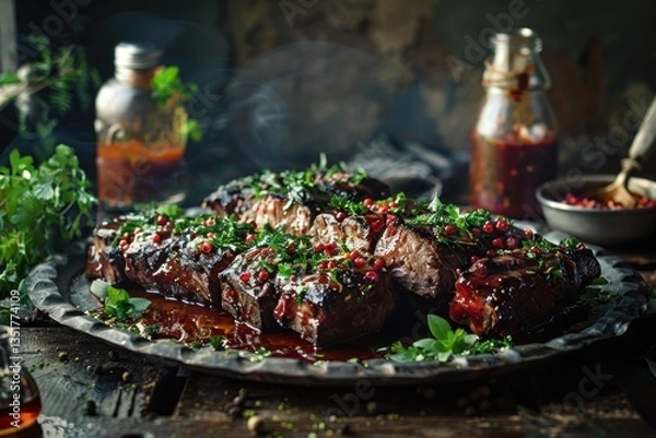 Fototapeta BBQ ribs, herbs, spices, rustic, and delicious