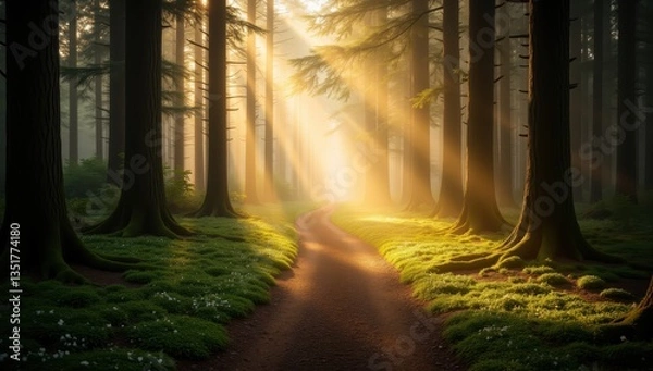 Obraz Magical Forest Pathway Bathed in Soft Morning Mist and Sunlight