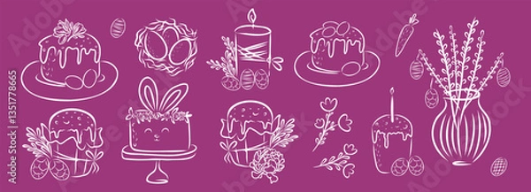 Fototapeta Doodle Easter set. Vector hand drawn design of kulich, bunny cake, eggs and spring flowers.