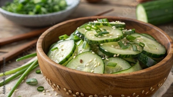 Fototapeta Healthy Cucumber Salad with Sesame Seeds and Green Onion Garnish
