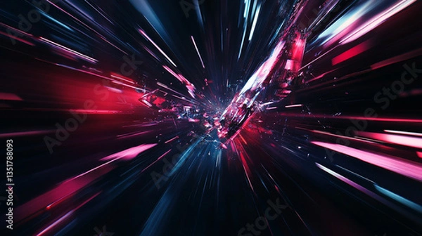 Fototapeta Abstract explosion of red and blue light beams with a shattered crystal structure in the center