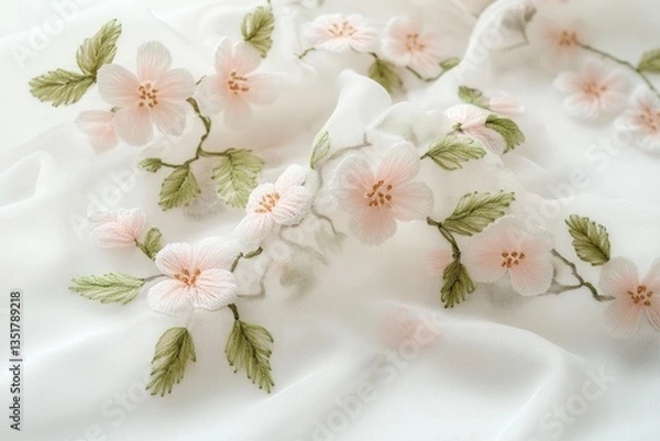 Fototapeta Delicate pink flowers embroidered on sheer white fabric, creating a soft and elegant textile.