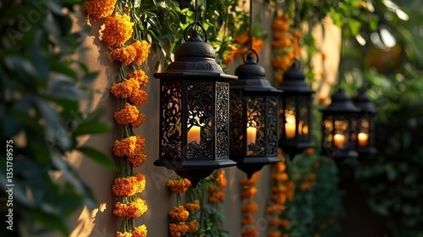 Fototapeta Wall decor featuring warm-lit lanterns intertwined with marigold garlands soft shadows from flowers and intricate designs creating depth and elegance.