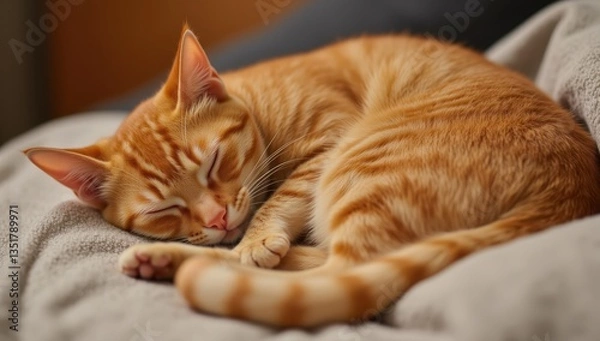 Fototapeta Cozy Cat Curling Up on Soft Blanket in Warm Indoor Ambiance