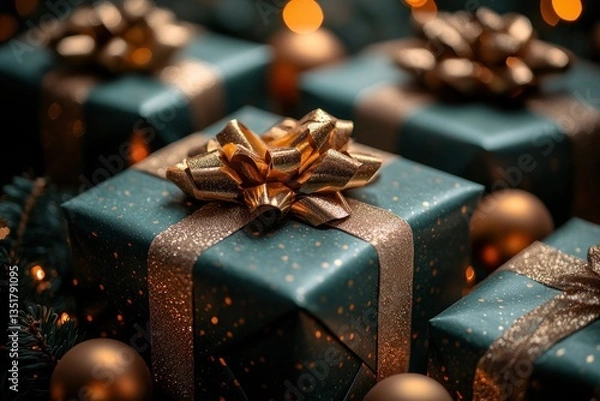 Fototapeta Festive Green Gift Boxes with Golden Ribbons and Bokeh on Dark Teal Background