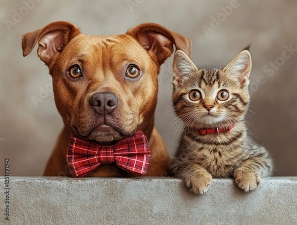 Fototapeta Cute Brown Pit Bull with Red Plaid Bow Tie and Tabby Kitten in Studio Portrait