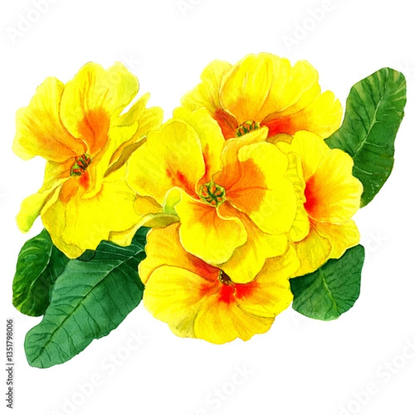 Fototapeta PNG Watercolor drawn Primrose, yellow flowers and green leaves isolated. Botany Illustration of first spring flower in natural style. Design for covers, packaging, fabric, season offer.