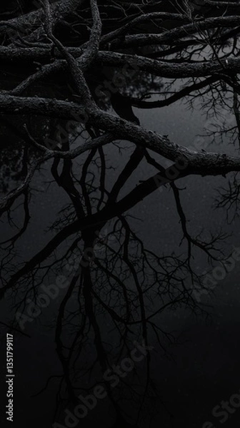 Fototapeta Dark reflection of branches in still water.