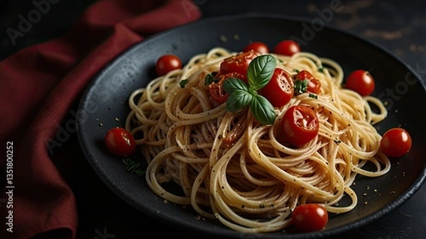 Fototapeta Italian Spaghetti Elegance: A Dark Plate on a Moody Backdrop