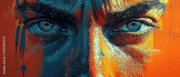 Fototapeta Intense close-up of a man's face, painted in vibrant teal and orange hues, showcasing expressive eyes and furrowed brows