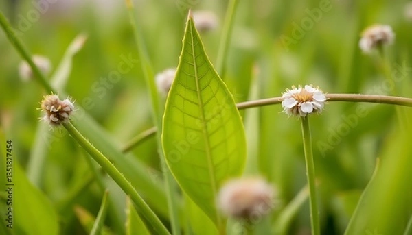 Fototapeta Serene Meadow: Close-up of Leaf and Delicate White Flowers with Green Background.