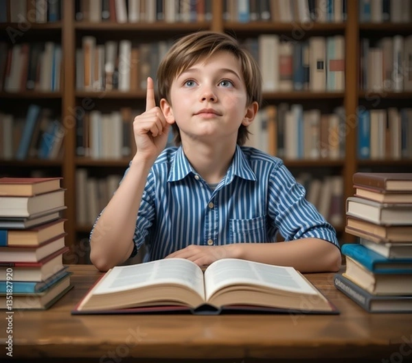 Fototapeta Kid in the library points to books while reading