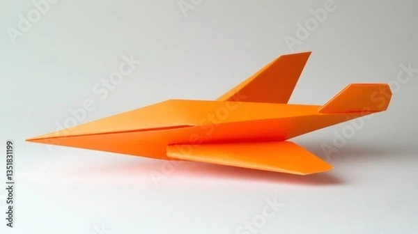 Fototapeta Orange origami airplane on plain background. Possible use Educational material, craft project, kids activity