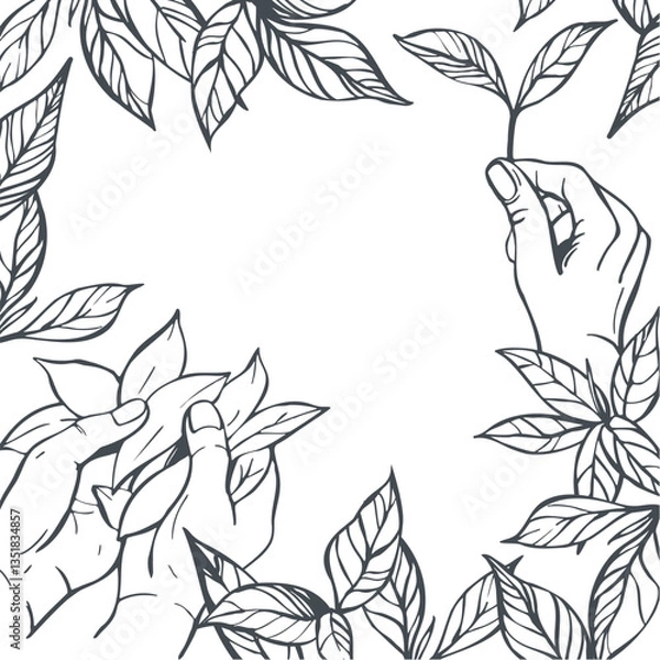 Fototapeta Hand-drawn tea leaves in hands.   Vector background. Sketch  illustration.