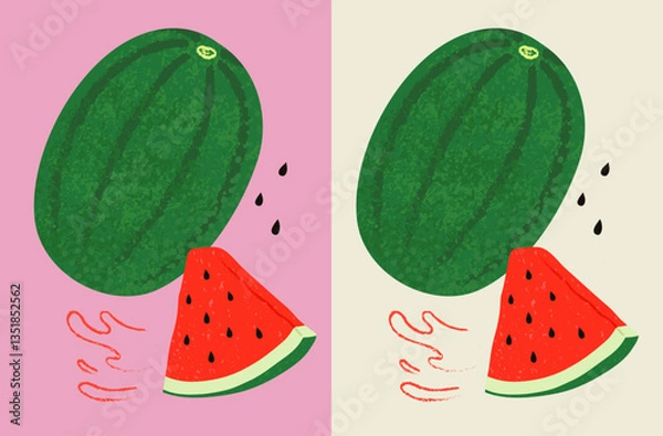 Obraz Hand-drawn vector illustration of watermelon whole and sliced