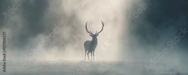 Fototapeta Majestic stag silhouetted in ethereal fog, a moment of serenity