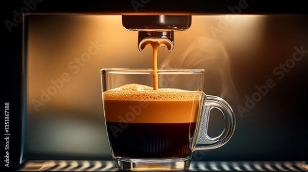 Fototapeta A glass of coffee is pouring out of a coffee maker. The coffee is brown and has a rich aroma