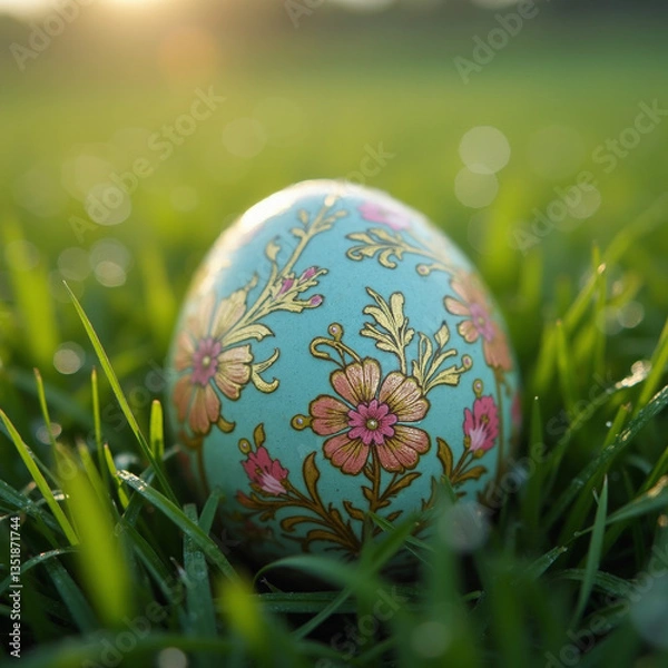 Fototapeta A beautifully detailed Easter egg with intricate floral patterns rests among fresh grass in the soft morning light.