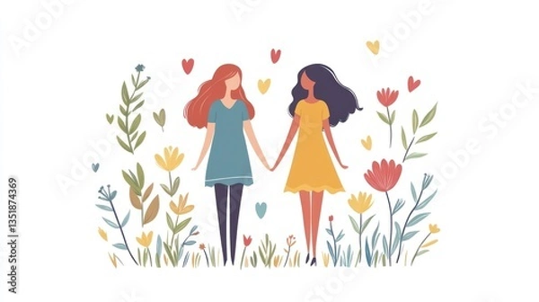 Obraz Two women holding hands in a floral garden setting