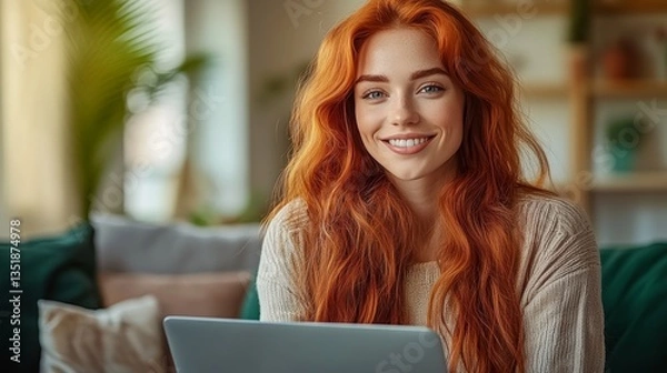 Fototapeta A woman with red hair is sitting on a couch with a laptop in front of her. She is smiling and she is happy