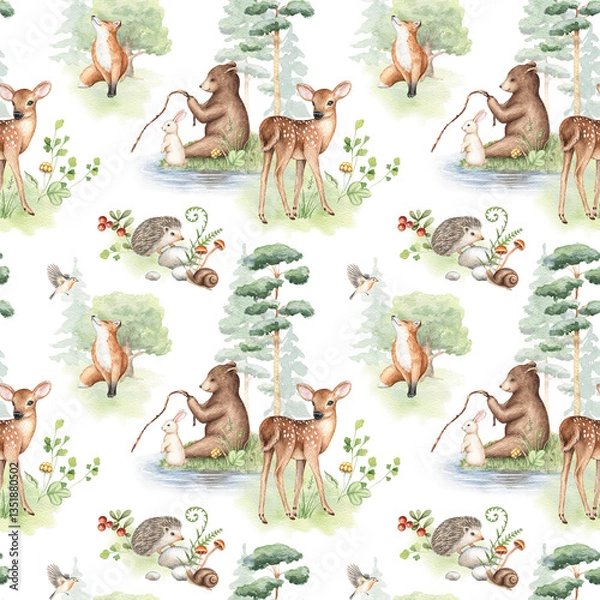 Fototapeta Watercolor nursery seamless pattern. Cute baby deer, bear, bunny, fox, hedgehog, snail. Hand drawn wild forest illustration. Funny design for print, textile, wrapping, wallpaper, fabric, card.