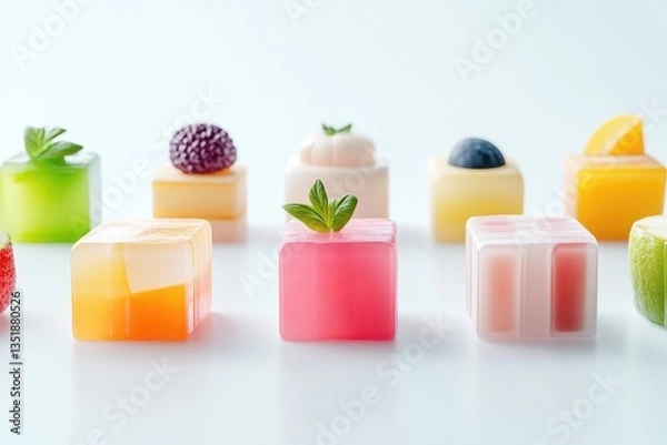 Fototapeta Colorful, cubed desserts arranged on a white background, featuring various fruit and creamy layers