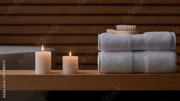 Obraz Spa-like setting with lit candles, neatly stacked towels, and a wooden brush on a shelf