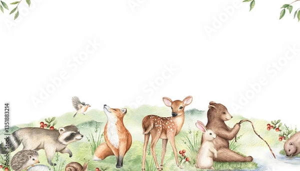 Fototapeta Watercolor composition with cute forest animals. Baby raccoon, deer, fox, bear, hedgehog, bunny, beaver. Woodland creatures illustration. Design for nursery print, wall art, invite, poster, cards.