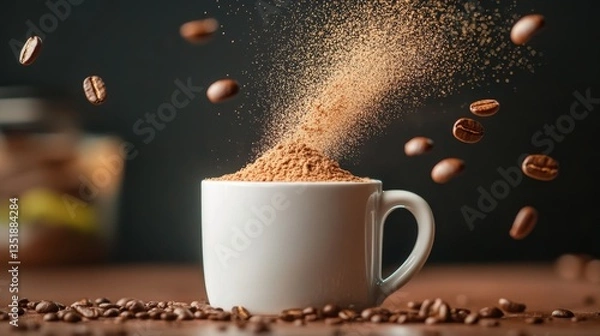 Fototapeta A white coffee cup with a lot of coffee powder on it. The coffee powder is falling out of the cup and onto the table