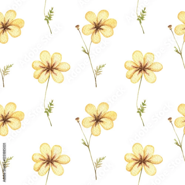 Obraz Watercolor seamless pattern with yellow flowers. Hand drawn illustration. Daisy botanical ornament. Camomile print.